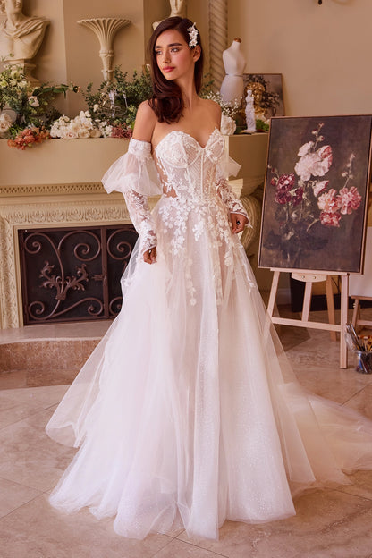 2026-84 Floral Appliqued Strapless Ball Gown Wedding Dress