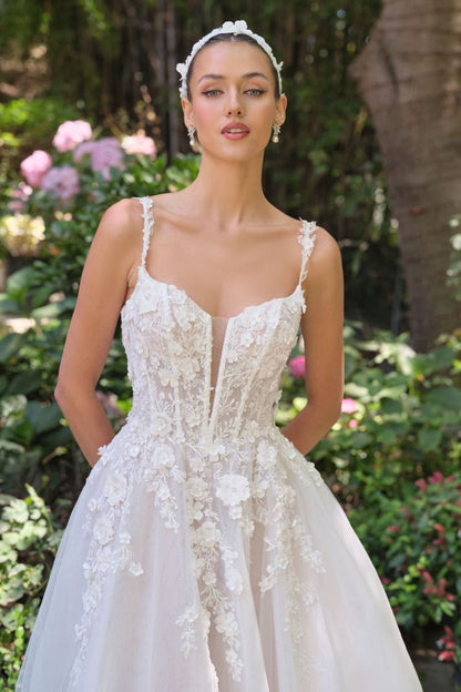 2026-68  Long Bridal Gown 3D Floral Lace Applique Wedding Dress