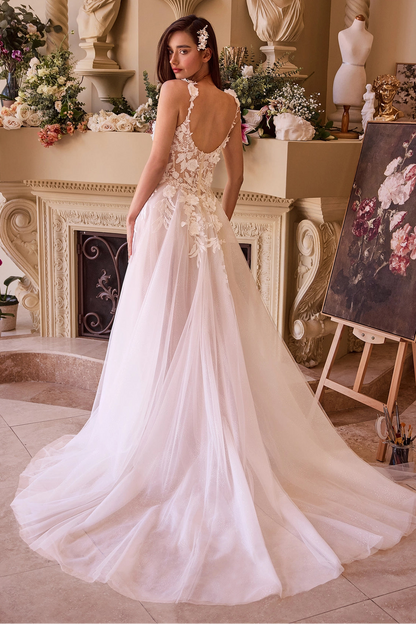 Lace appliqued tulle A-line wedding dress back view by Howedding