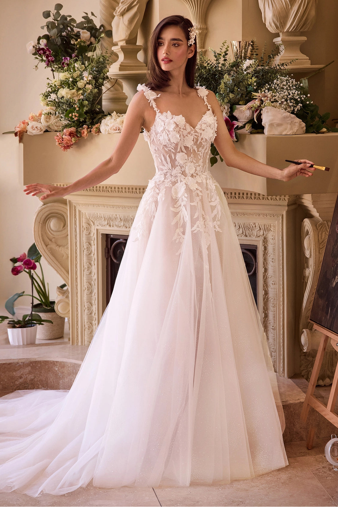 Lace appliqued A-line tulle wedding dress by Howedding