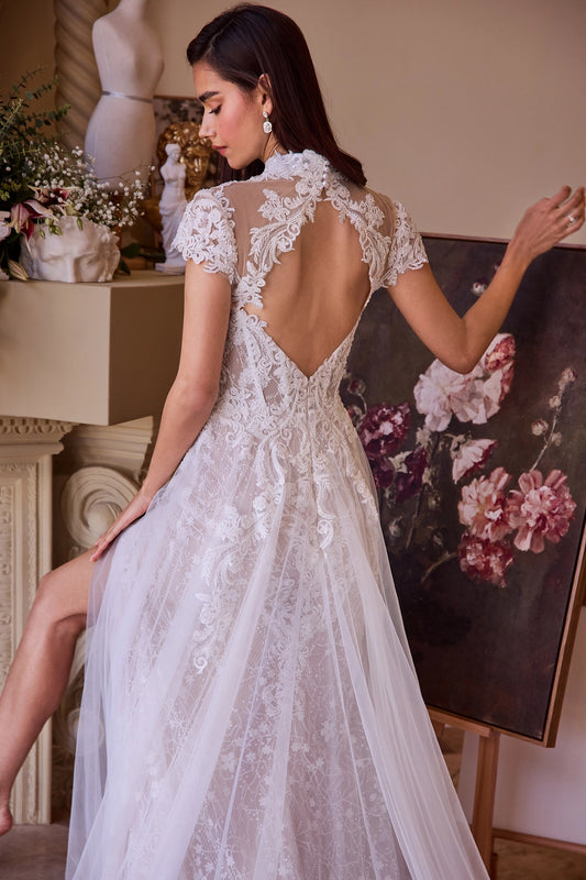 2026-22 Short Sleeve A Line Wedding Dress