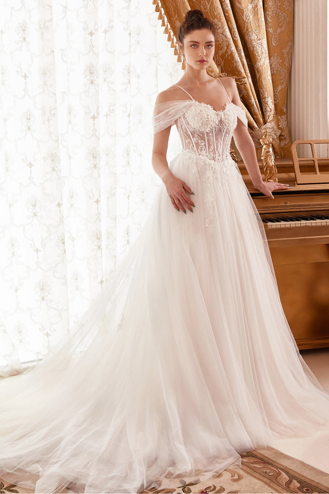 Layered tulle A-line bridal gown with corset bodice by Howedding