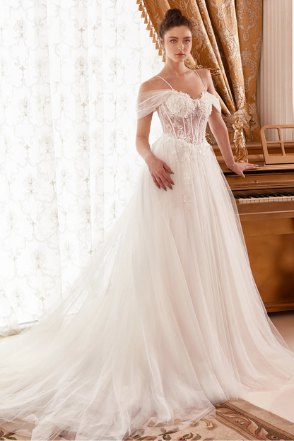 Layered tulle A-line bridal gown with corset bodice by Howedding