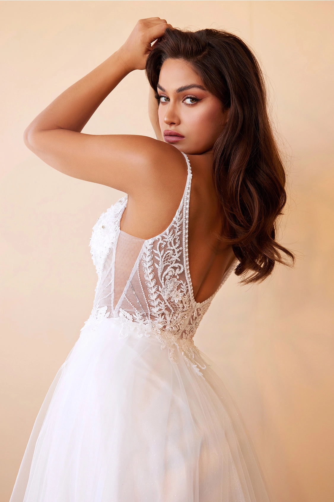 Layered tulle A-line lace wedding dress side view by Howedding