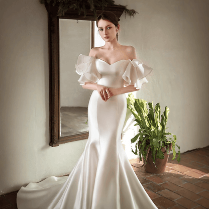 off shoulder ruffle wedding dress Elegant White Ruffle Off-shoulder Curvy Mermaid Bridesmaid Dress, BD32 SposaBridal