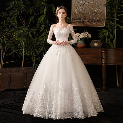 Long sleeve lace ball gown wedding dress front view by Howedding