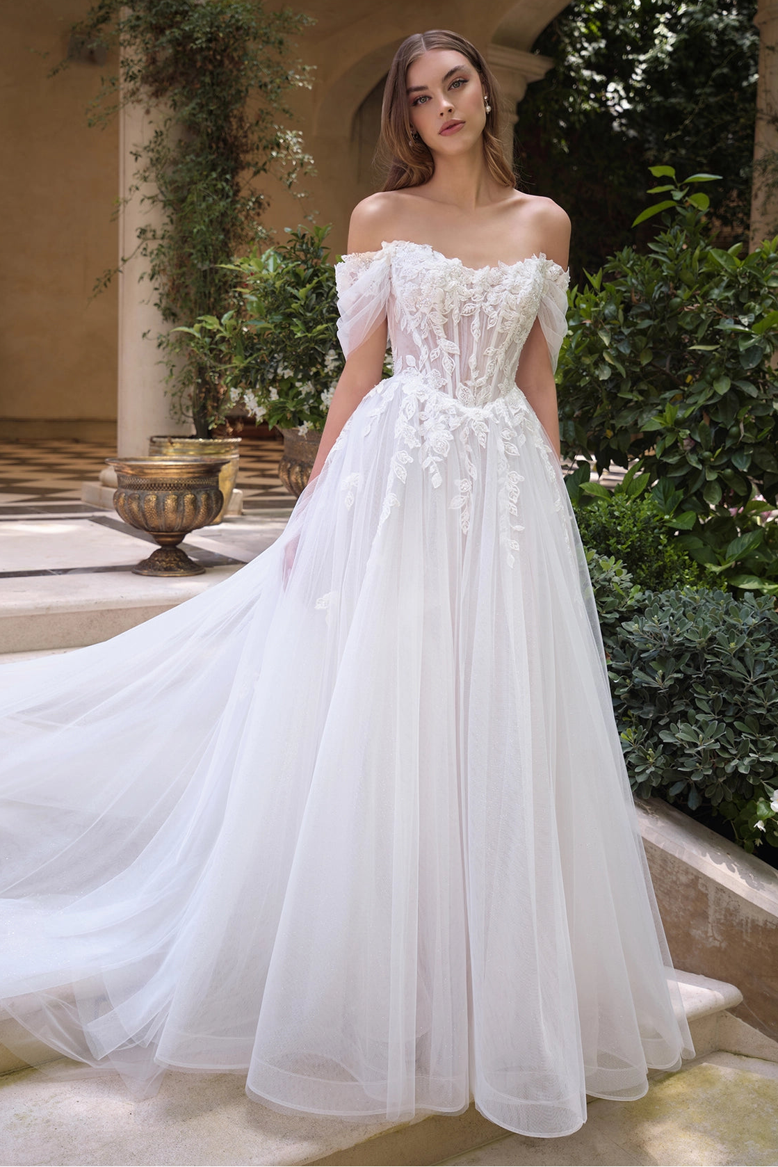 Off the shoulder floral applique wedding dress front view by Howedding