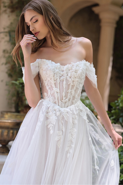 Off the shoulder floral applique A-line wedding dress by Howedding