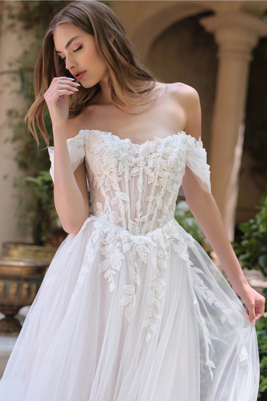 2026-67 Off-The-Shoulder Floral Applique A Line Wedding Dress