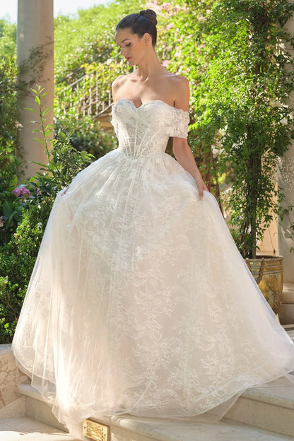 2026-14 Off-The-Shoulder Sheer Corset Bodice Ball Gown Wedding Dress