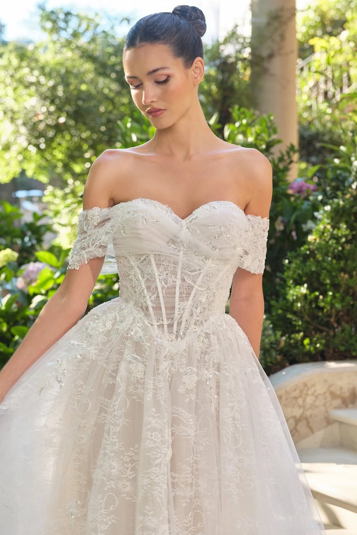 2026-14 Off-The-Shoulder Sheer Corset Bodice Ball Gown Wedding Dress