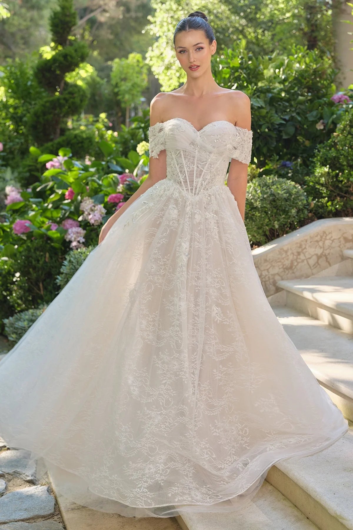 2026-14 Off-The-Shoulder Sheer Corset Bodice Ball Gown Wedding Dress
