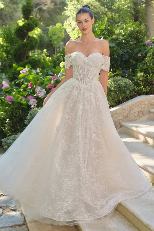 2026-14 Off-The-Shoulder Sheer Corset Bodice Ball Gown Wedding Dress