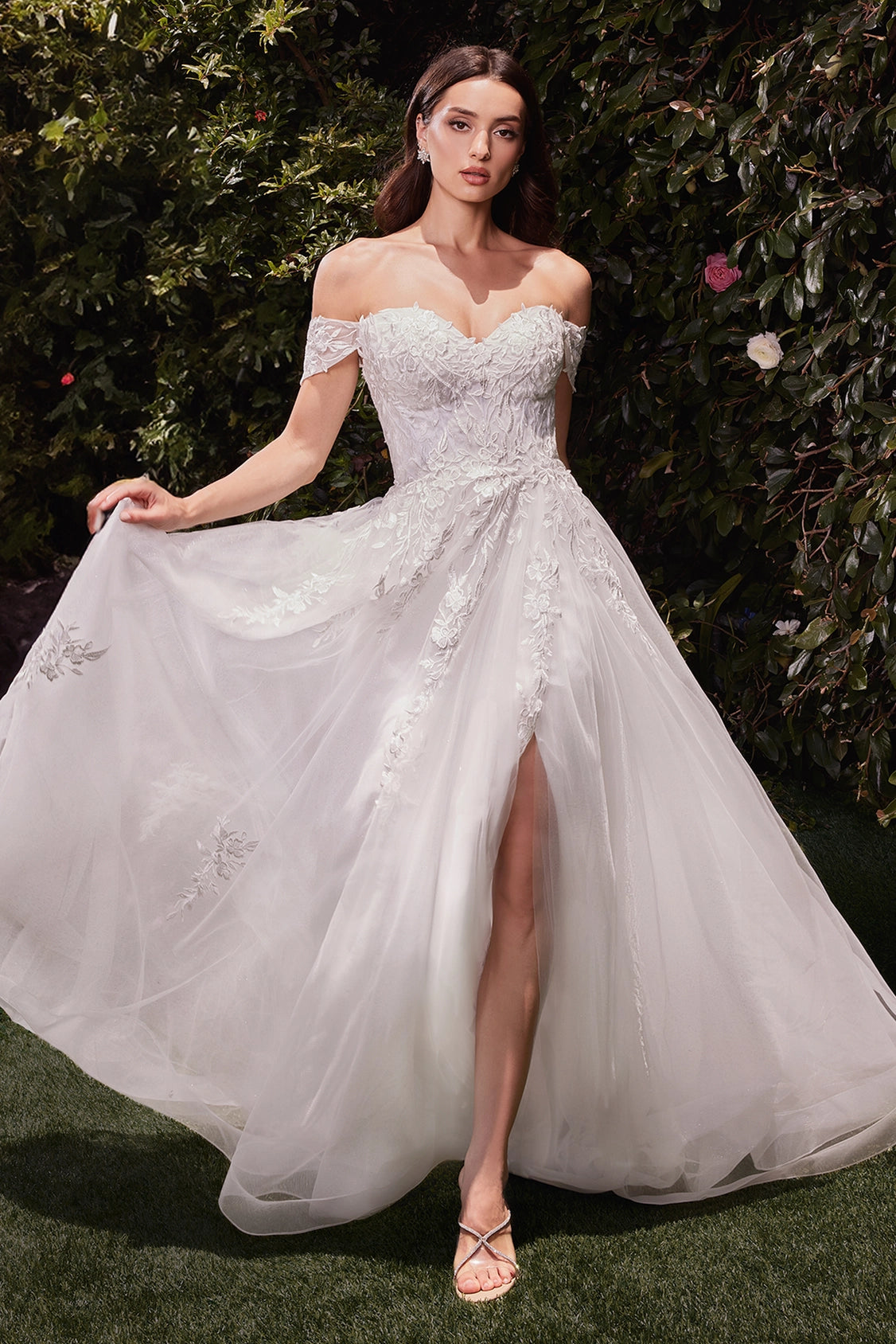  Off the shoulder A-line lace and tulle wedding dress front view by Howedding