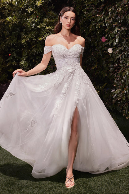  Off the shoulder A-line lace and tulle wedding dress front view by Howedding