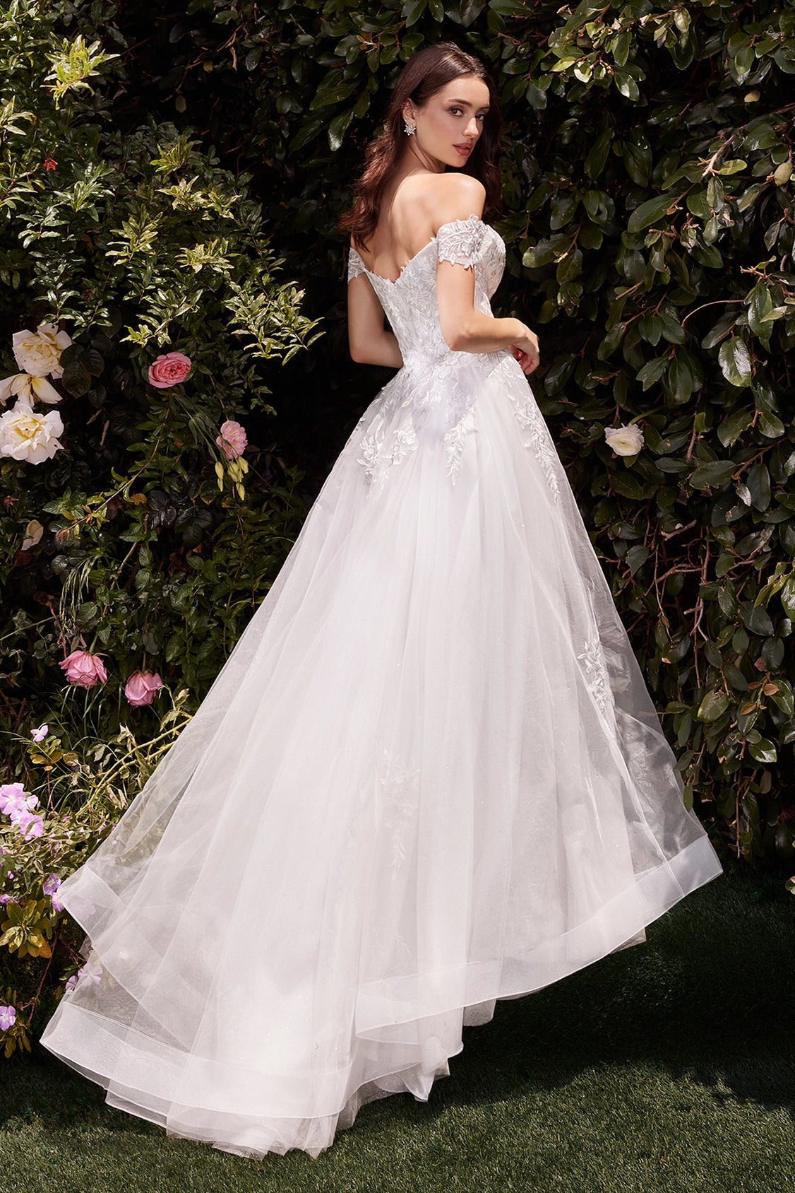 Off the shoulder A-line lace tulle wedding dress side view by Howedding