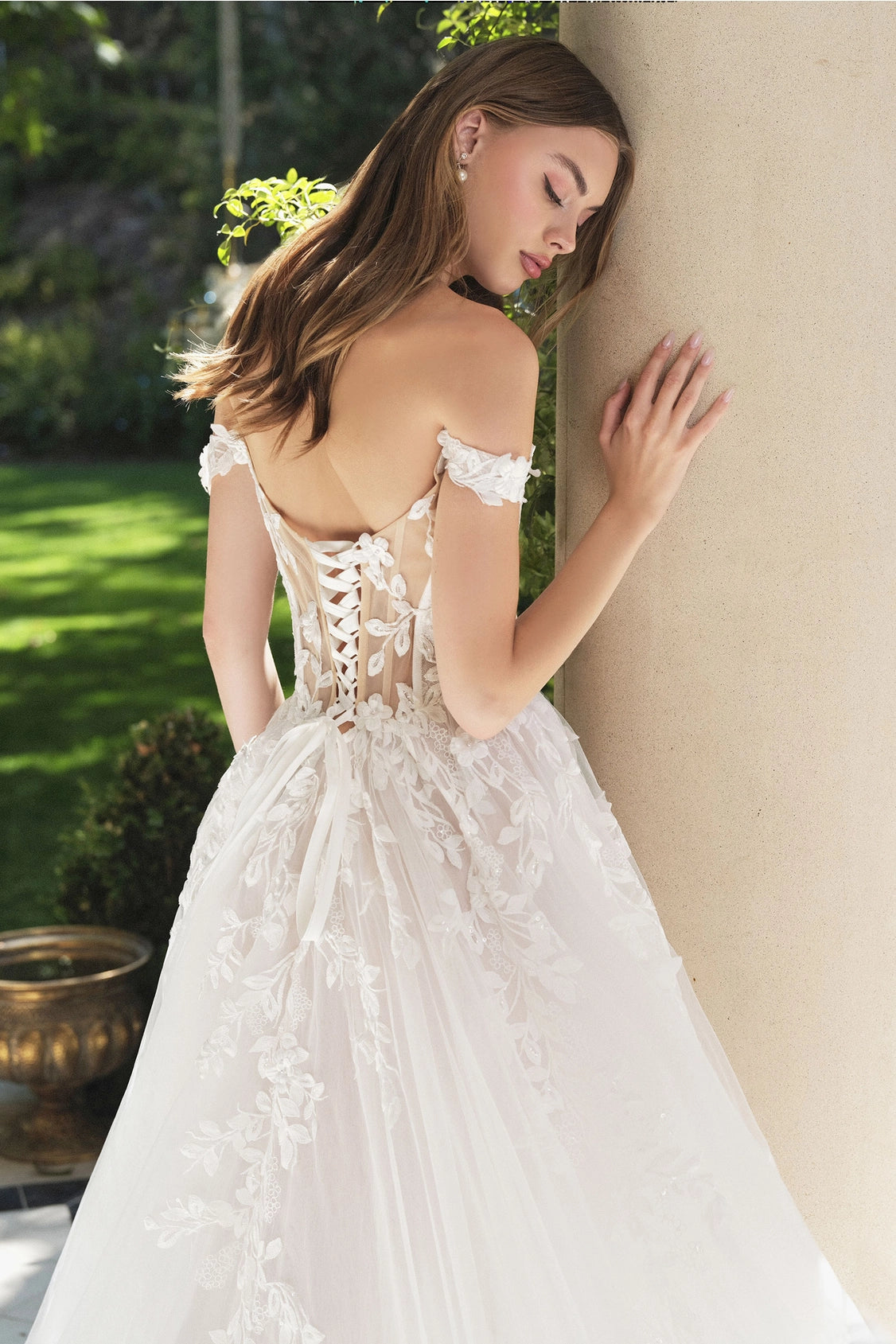 2026-62 Long Floral Lace Applique Off the Shoulder A Line Wedding Dress