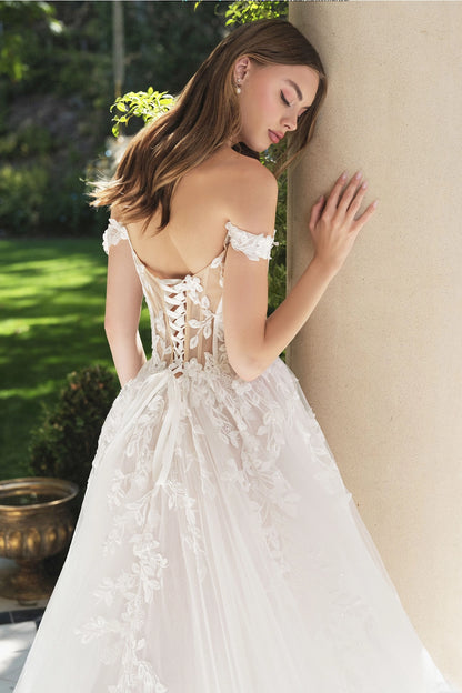 2026-62 Long Floral Lace Applique Off the Shoulder A Line Wedding Dress