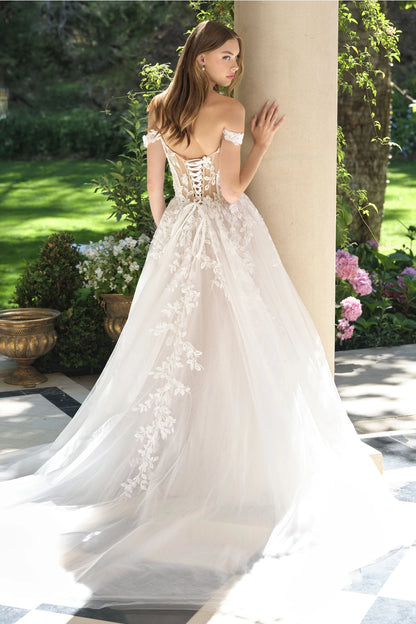 2026-62 Long Floral Lace Applique Off the Shoulder A Line Wedding Dress