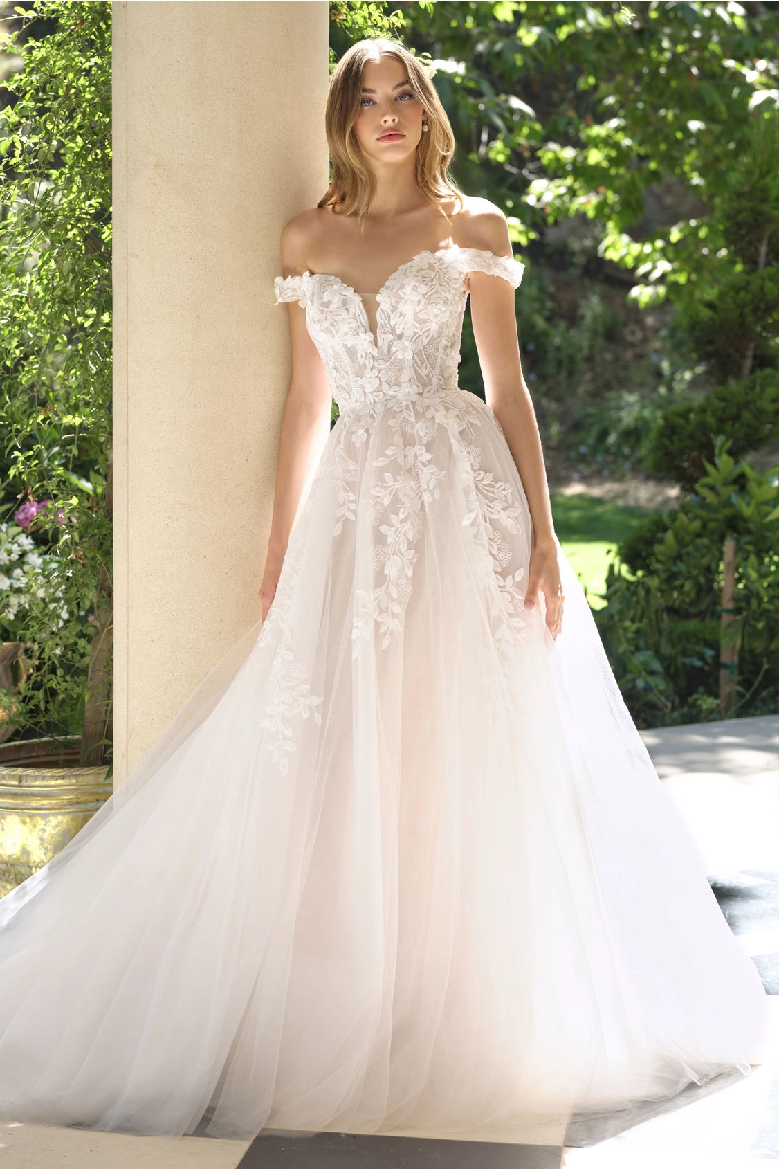 2026-62 Long Floral Lace Applique Off the Shoulder A Line Wedding Dress