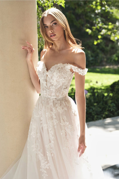 2026-62 Long Floral Lace Applique Off the Shoulder A Line Wedding Dress