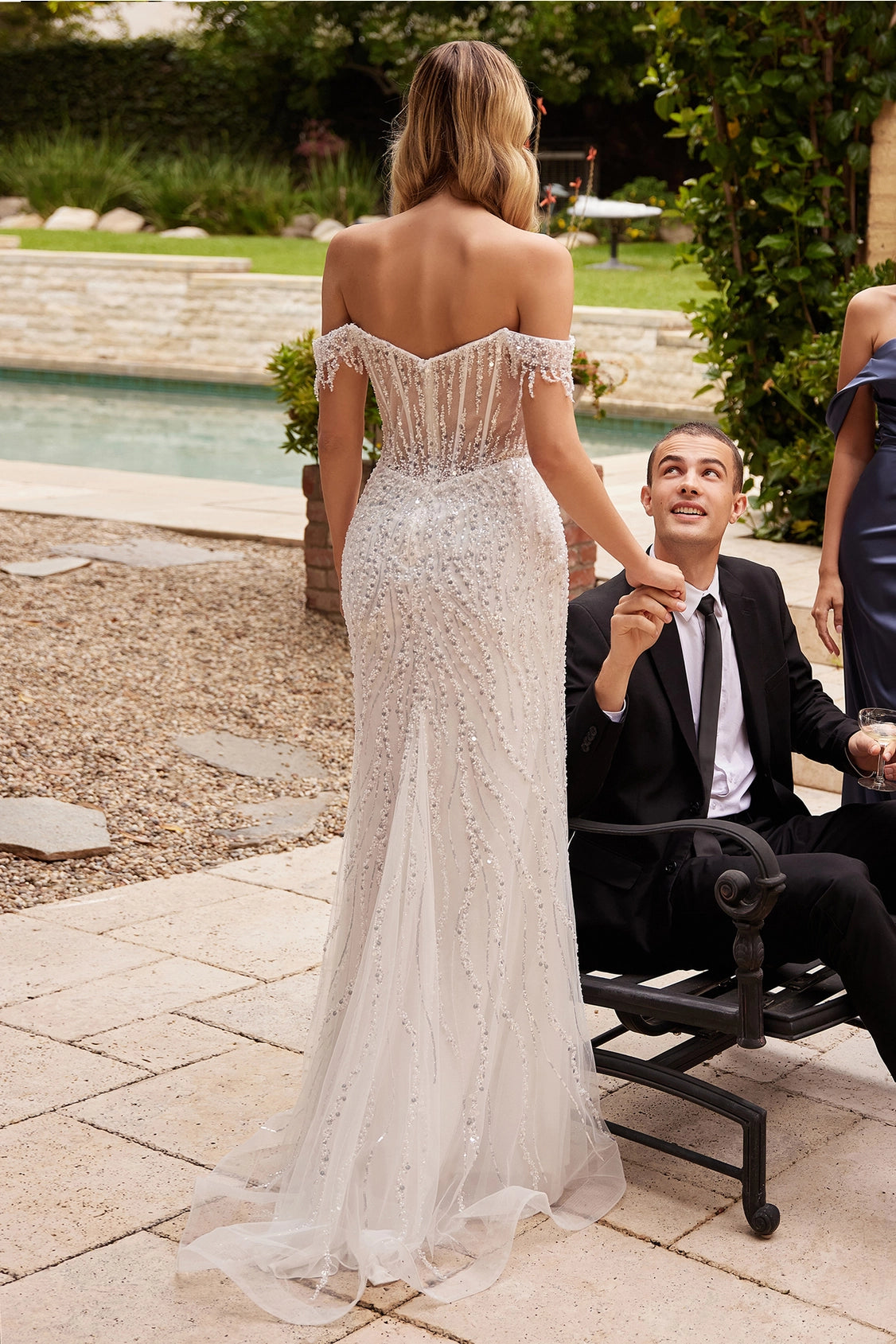 2026-85 Off the Shoulder Sequin Slit Wedding Dress