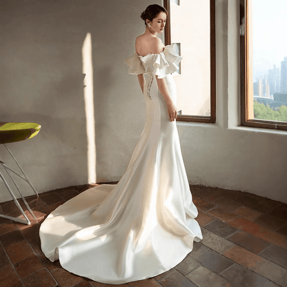 open lace back dress Light satin One-shoulder mermaid wedding dress Howedding open lace back dress Light satin One-shoulder mermaid wedding dress Howedding
