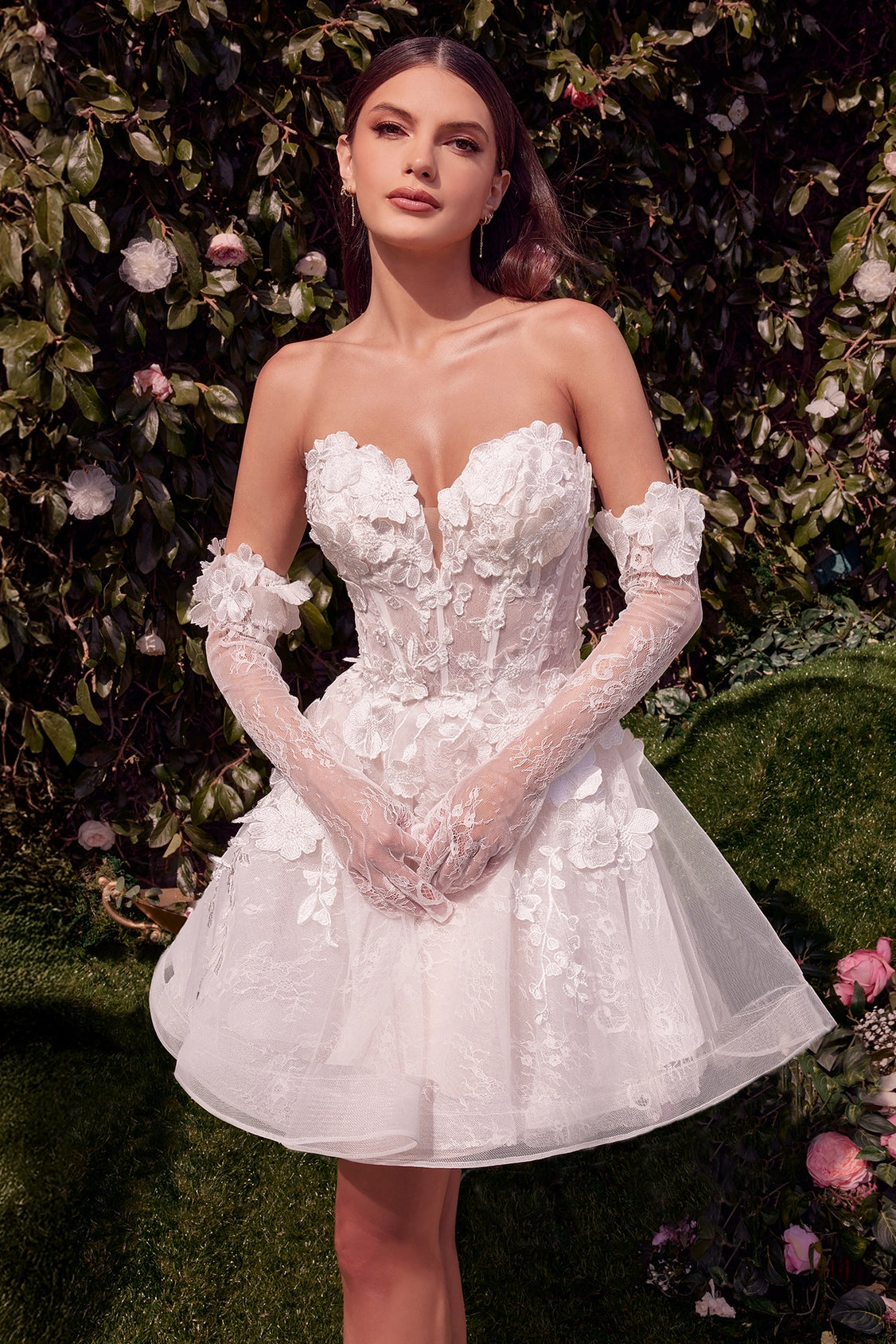 2026-83 Short Floral Appliqued Bridal Party Wedding Dress