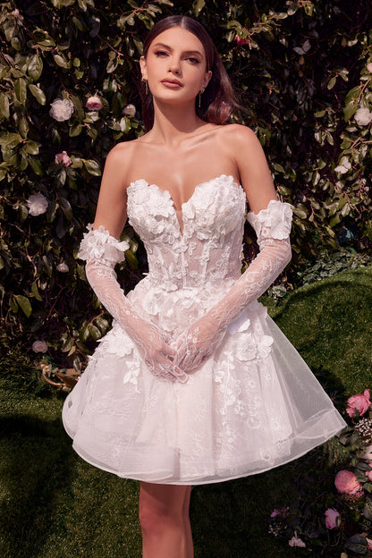 2026-83 Short Floral Appliqued Bridal Party Wedding Dress