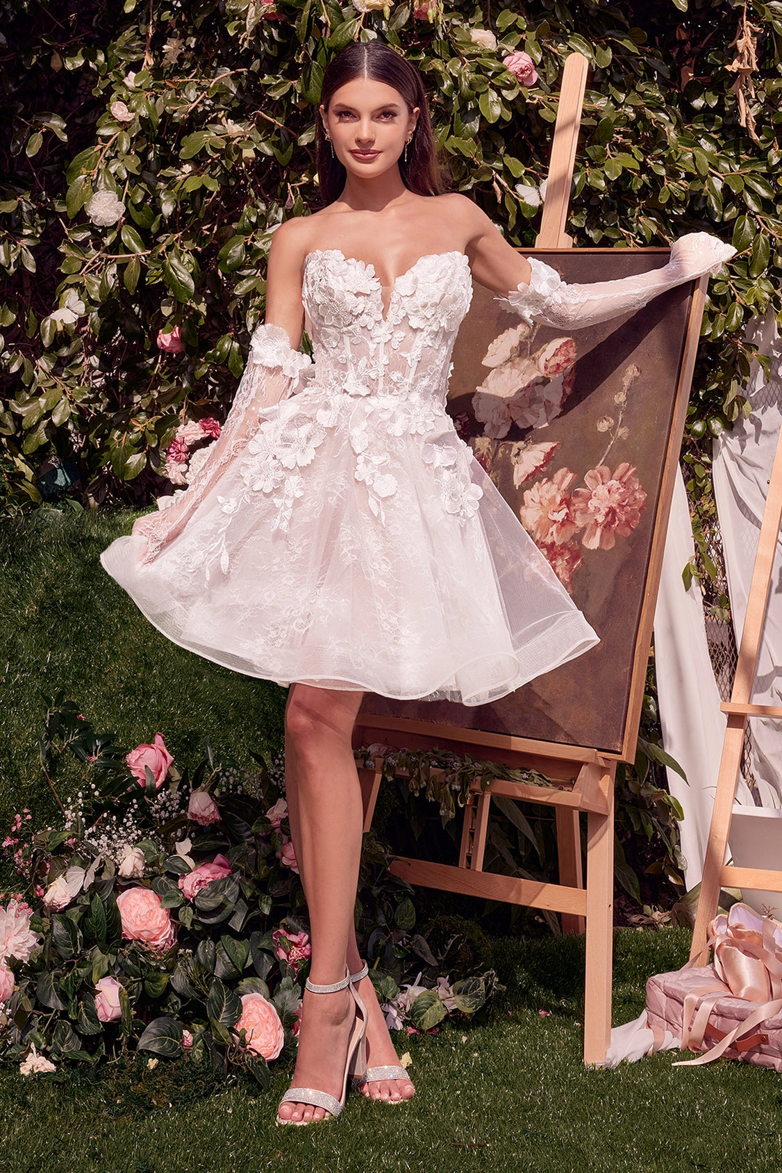 2026-83 Short Floral Appliqued Bridal Party Wedding Dress