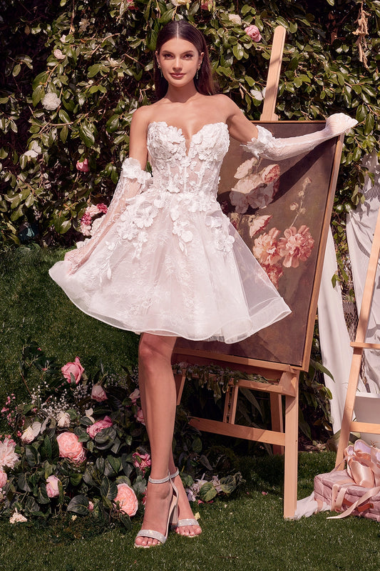2026-83 Short Floral Appliqued Bridal Party Wedding Dress