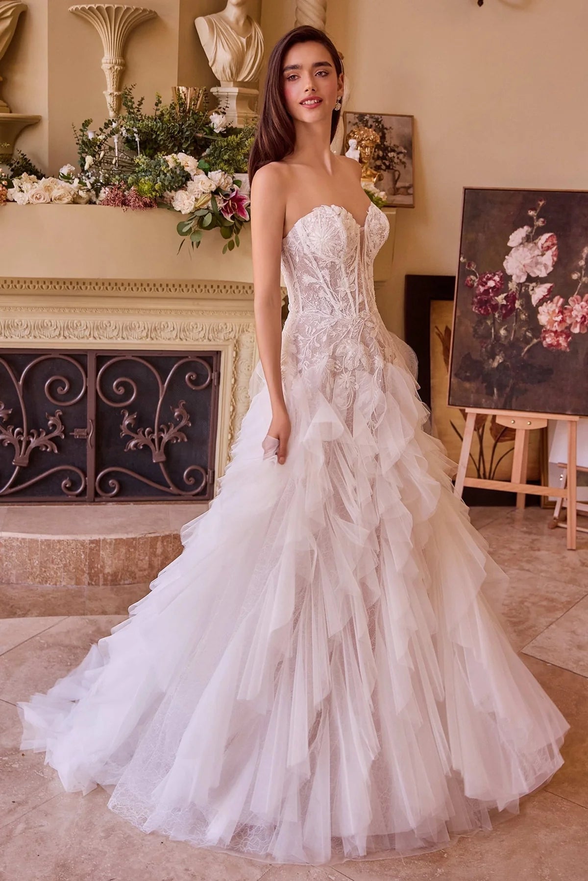 2026-28 Strapless Drop Waist Cascading Wedding Dress