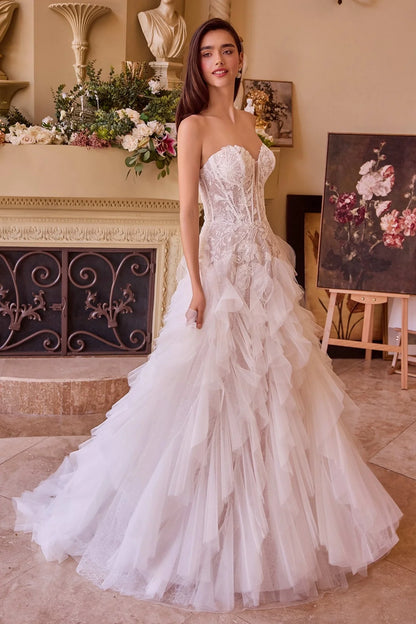 2026-28 Strapless Drop Waist Cascading Wedding Dress