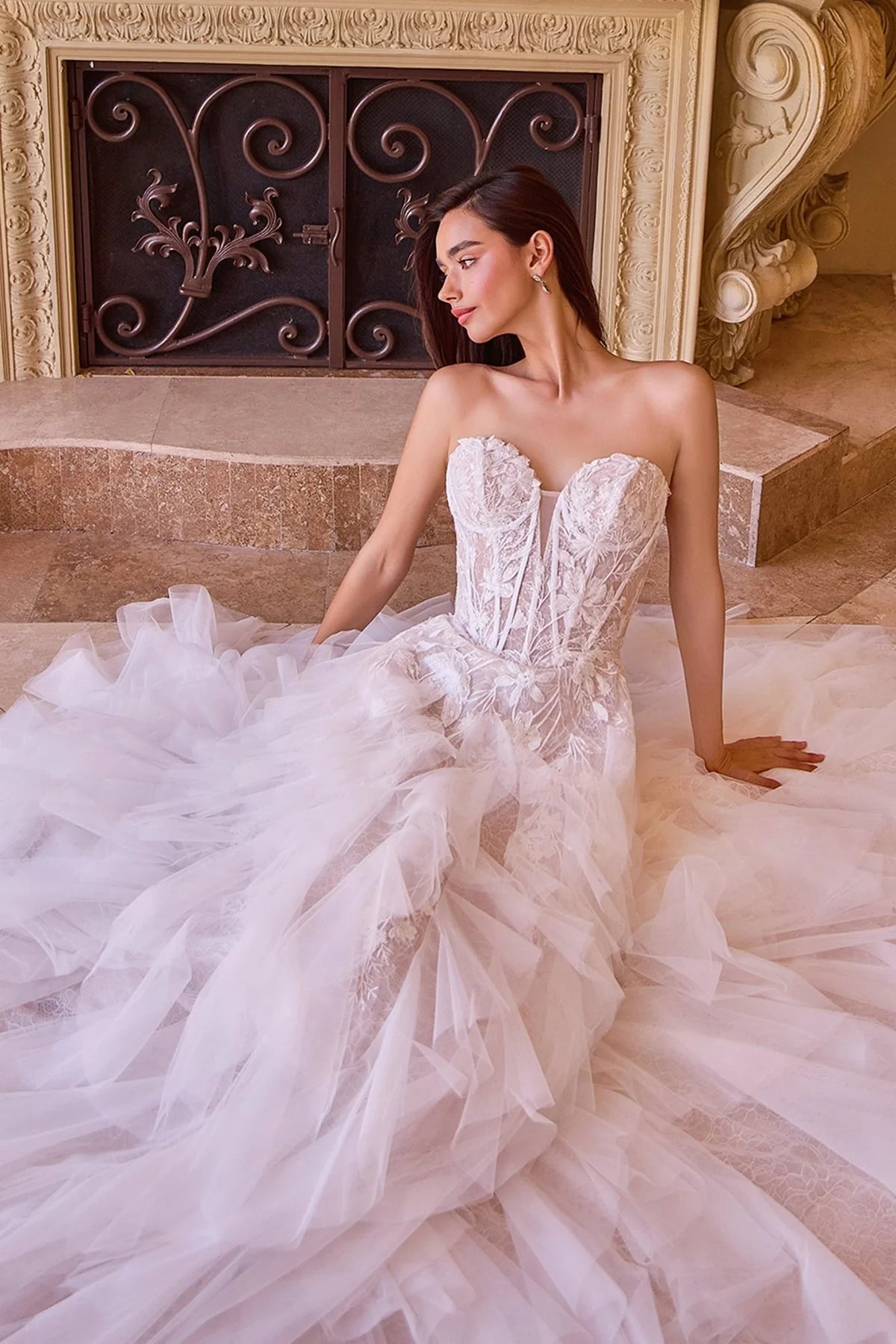 2026-28 Strapless Drop Waist Cascading Wedding Dress