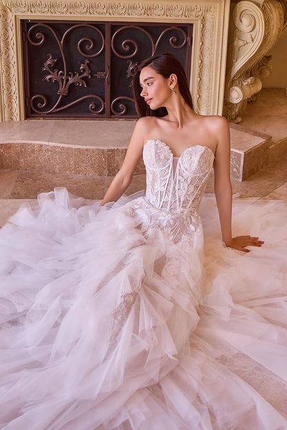 2026-28 Strapless Drop Waist Cascading Wedding Dress