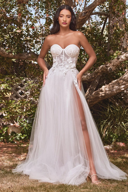 2026-03 Strapless Floral Ball Gown with Puff Sleeves Wedding Dress