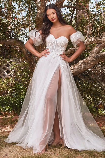 2026-03 Strapless Floral Ball Gown with Puff Sleeves Wedding Dress