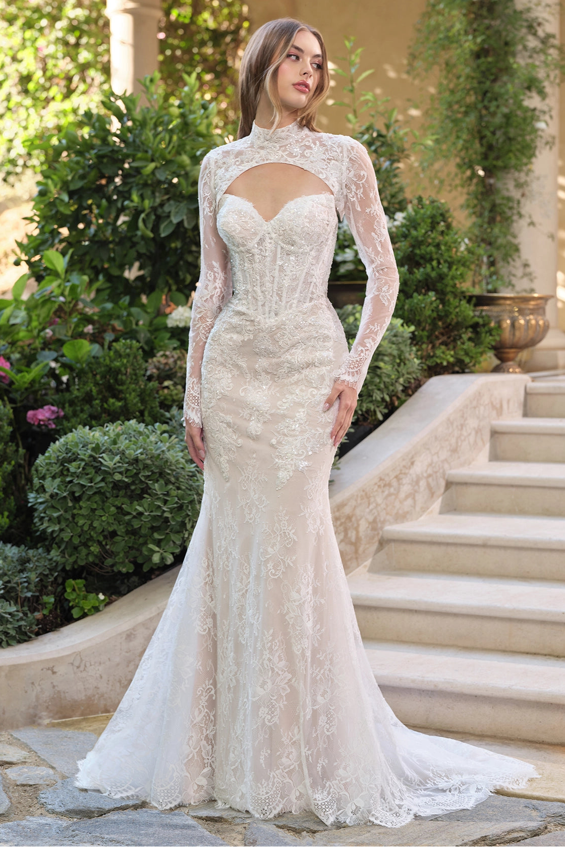 Strapless sweetheart detachable lace sleeves wedding dress front view by Howedding