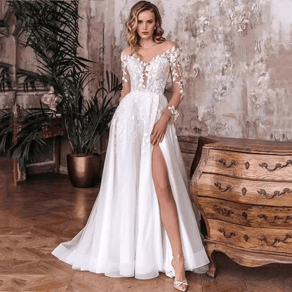 long sleeve simple elegant wedding dresses Ivory V-Neck Long Sleeve Wedding Dresses Simple Wedding Dresses WD721 US16 / Custom Color
