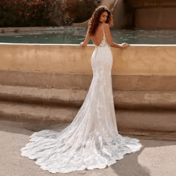 Spaghetti strap lace mermaid wedding dress | backless