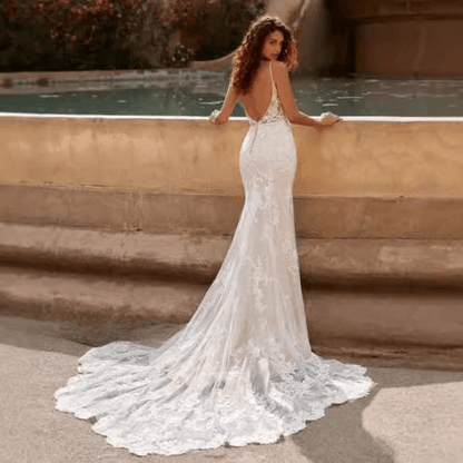 Spaghetti strap lace mermaid wedding dress | backless