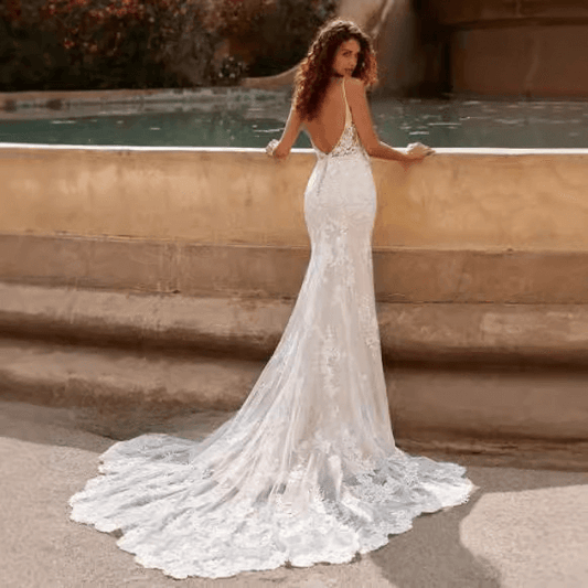 Spaghetti strap lace mermaid wedding dress | backless