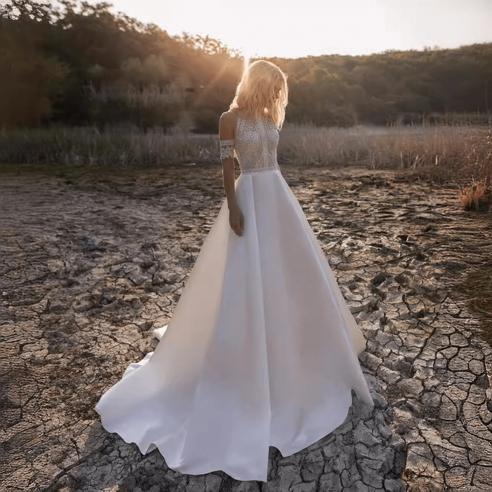 Satin lace a line wedding dress Howedding Satin lace a line wedding dress Howedding