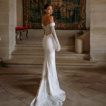 Off shoulder long sleeve mermaid wedding dress