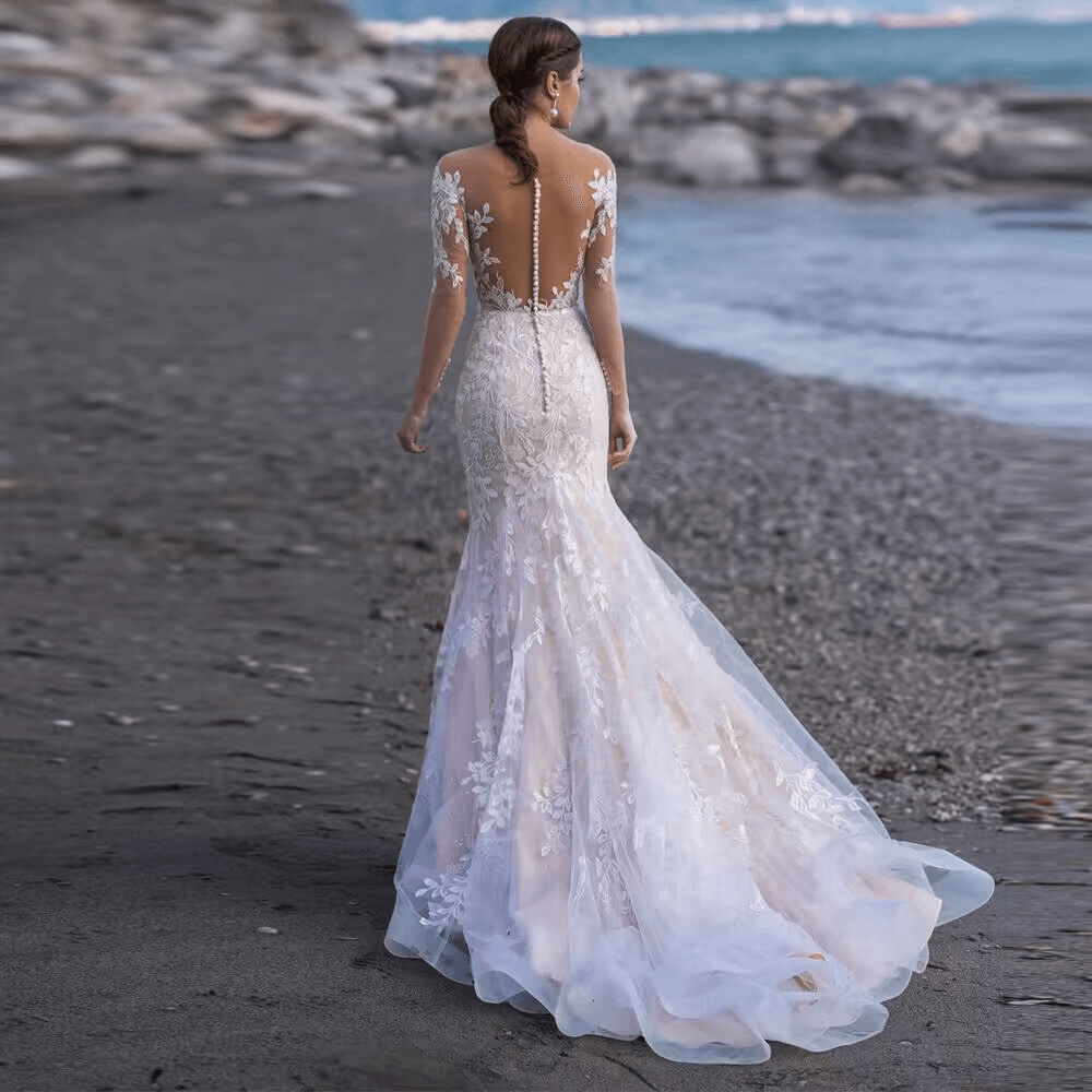V-neck long sleeve mermaid wedding dress back view by Howedding