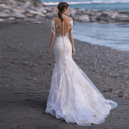 V-neck long sleeve mermaid wedding dress back view by Howedding