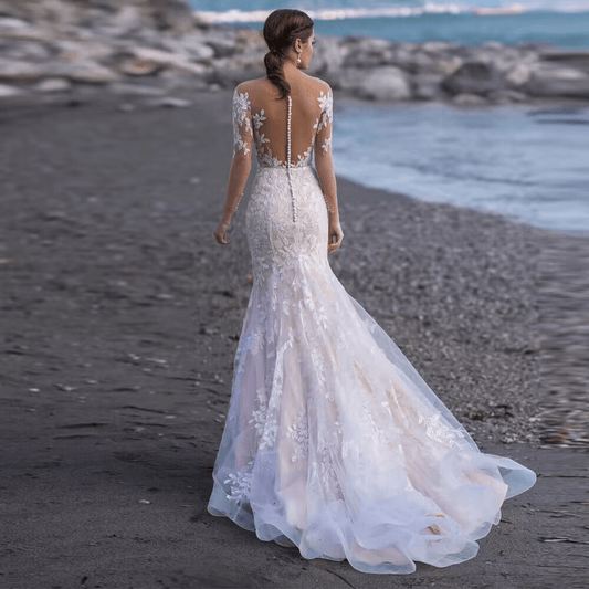V-neck long sleeve mermaid wedding dress back view by Howedding