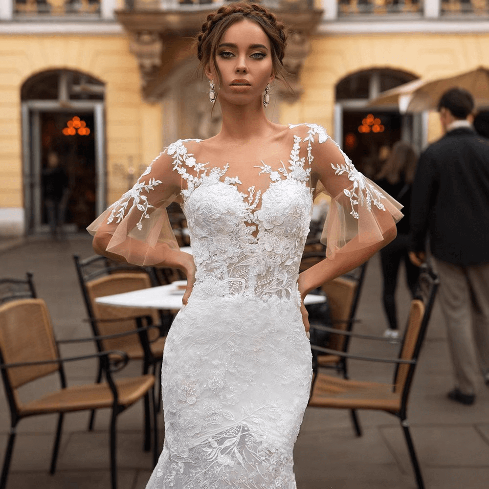 half mermaid dress Mermaid Round Lace Applique Floor Length Half Sleeves Bridesmaid Dress jkprom