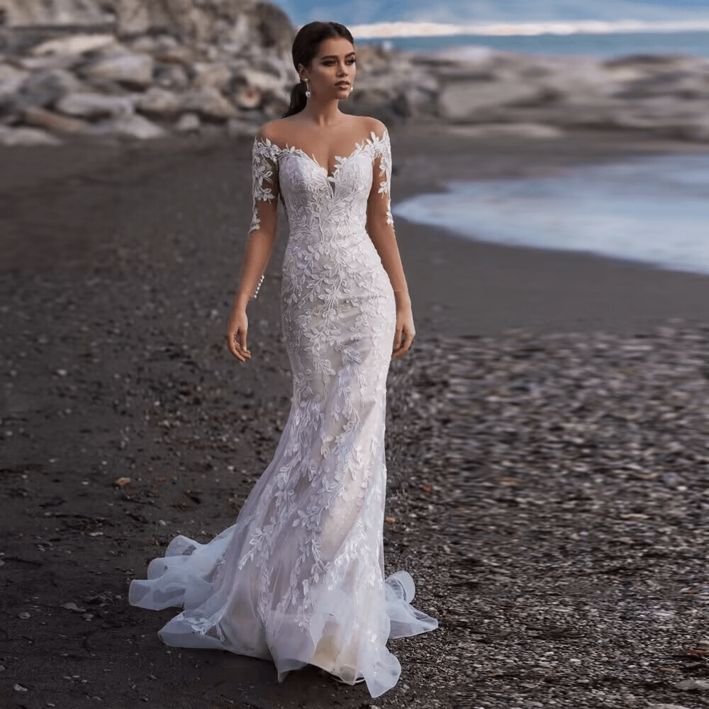 V neck long sleeve mermaid wedding dress