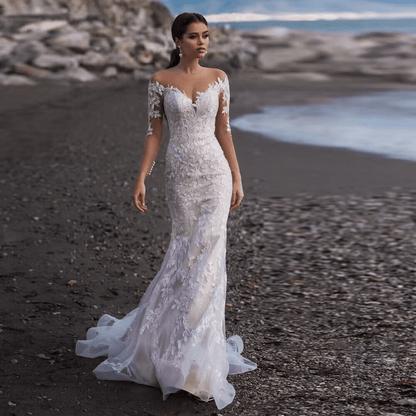 V neck long sleeve mermaid wedding dress